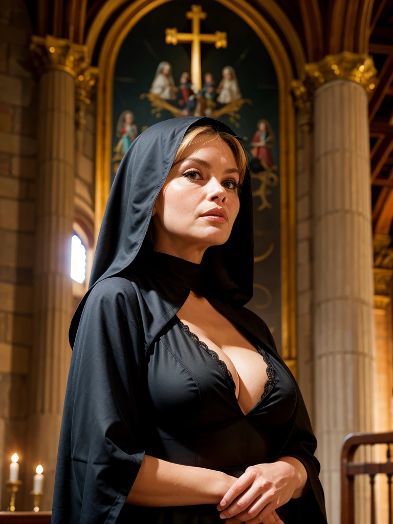 Front view, Charming Brigitte Bardot, nun, (black nun robe, cleavage), in church, looking at viewer, dim light passing through hair