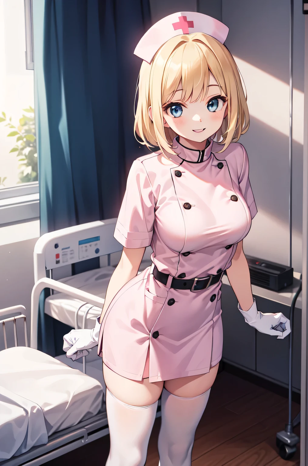 1woman, solo, nurse, white nurse cap, white nurse uniform, ((white legwear, zettai ryouiki)), white gloves, blonde hair, blue eyes, pink lips, smile, standing, ((hospital room)), sharp outline, short sleeves, mature female, 35 years old, best quality, masterpiece