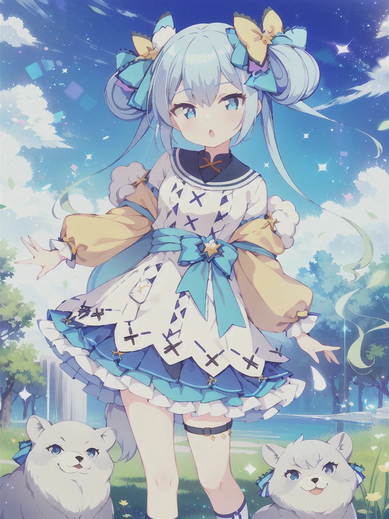 Masterpiece,high quality,high resolution,Detailed Background,(((1girl,独奏))),Blue Hair, Twin tails, Hair between the eyes, ((紫のhair bow)), eyebrows visible through hair,Floating Island,grassland,Are standing,