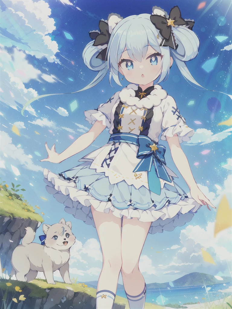 Masterpiece,high quality,high resolution,Detailed Background,(((1girl,独奏))),Blue Hair, Twin tails, Hair between the eyes, ((紫のhair bow)), eyebrows visible through hair,Floating Island,grassland,Are standing,
