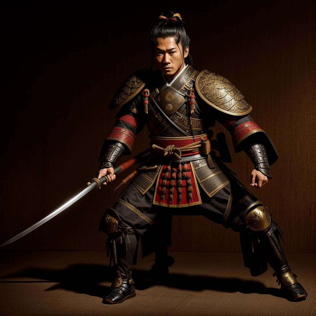 Samurai Suit: May include traditional Japanese armor (yoroi) made of metal, ties and fabrics, usually ornamented and adapted to reflect the culture and origin of the black samurai.canons: Can hold weapons like wakizashi (short sword), adorned in a way that matches the aesthetics and history of the black samurai.Physiognomy and Appearance: Facial features that reflect African ancestry, like skin color, eye shape, nose and hair, combined with typical traits of a samurai warrior.historical context: The image may be set in a historical Japanese setting, like battlefields, castles, or during specific periods in Japanese history, such as the Edo period or earlier periods.Symbolism and Meaning: The representation may have a broader symbolic meaning, highlighting cultural diversity, the union of different warrior traditions, or the subversion of common cultural expectations.artistic style: Can range from realistic to stylized, depending on the creator's artistic interpretation, with colors, lines and shadows that emphasize the strength and discipline associated with samurai.