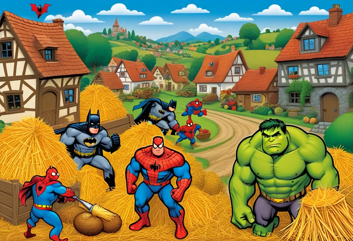 Style image (Wimmelbuch):1.5, illustration for a children's magazine, bright colors, clear outlines, cartographic image of a cartoon village with many houses and village attributes, countryside, (Spiderman and Superman making hay):1.4, (Hulk and Shrek digging potatoes):1.4, (Batman is watching):1.4, clear, detailed, complex