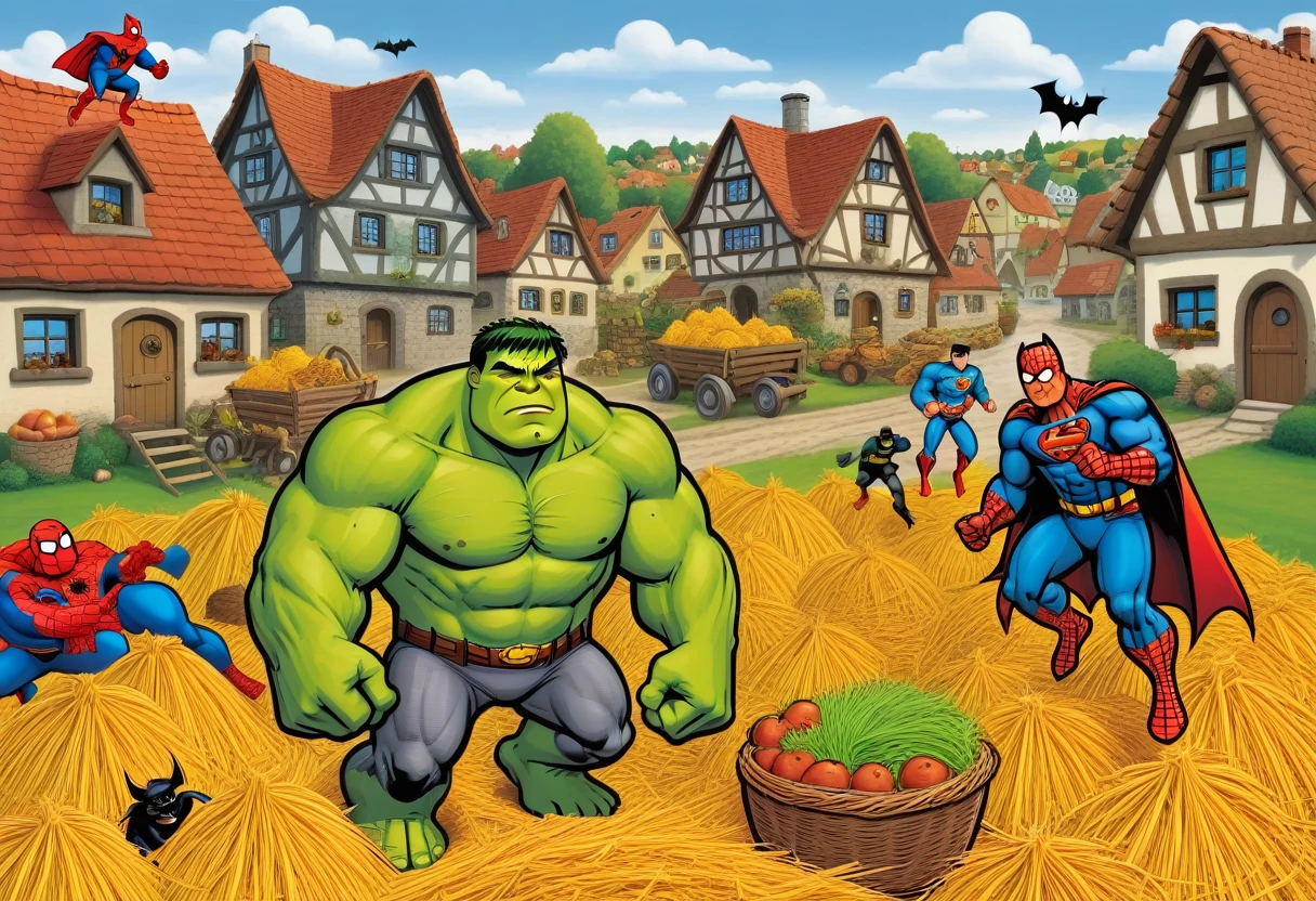 Style image (Wimmelbuch):1.5, illustration for a children's magazine, bright colors, clear outlines, cartographic image of a cartoon village with many houses and village attributes, countryside, (Spiderman and Superman making hay):1.4, (Hulk and Shrek digging potatoes):1.4, (Batman is watching):1.4, clear, detailed, complex