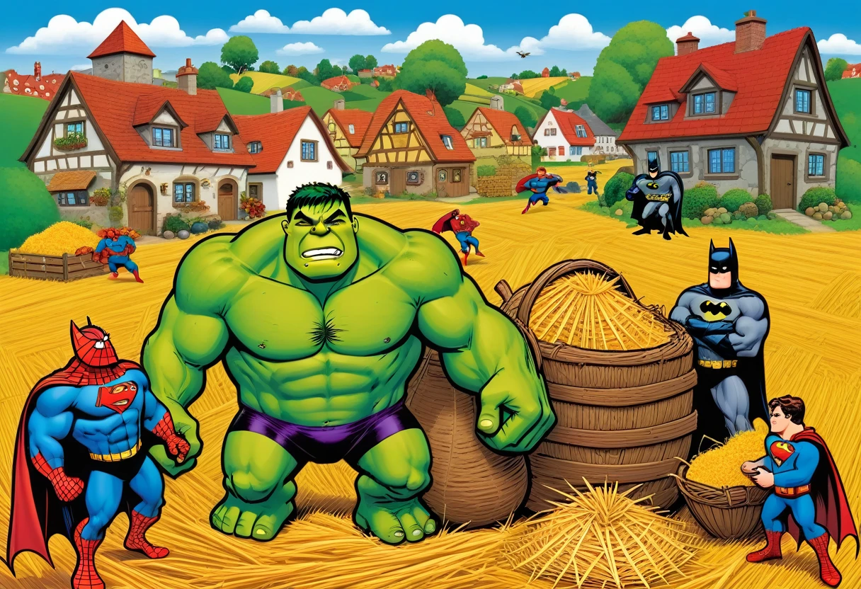 Style image (Wimmelbuch):1.5, illustration for a children's magazine, bright colors, clear outlines, cartographic image of a cartoon village with many houses and village attributes, countryside, (Spiderman and Superman making hay):1.4, (Hulk and Shrek digging  potatoes):1.4, (Batman is watching):1.4, clear, detailed, complex