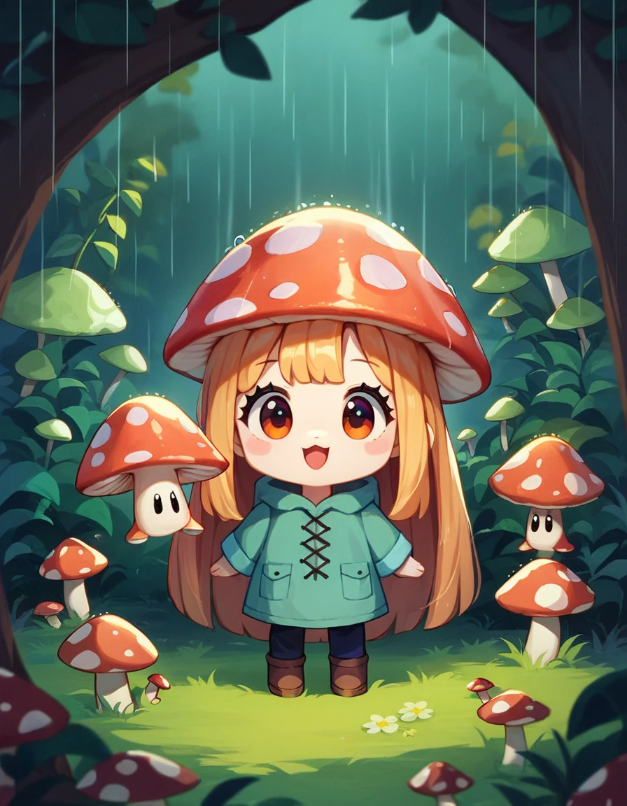 score_9, score_8_up, score_7_up, rating_safe,
rain falls heavy as a tiny frog finds shelter under a mushroom,
source_anime, a1, cute,