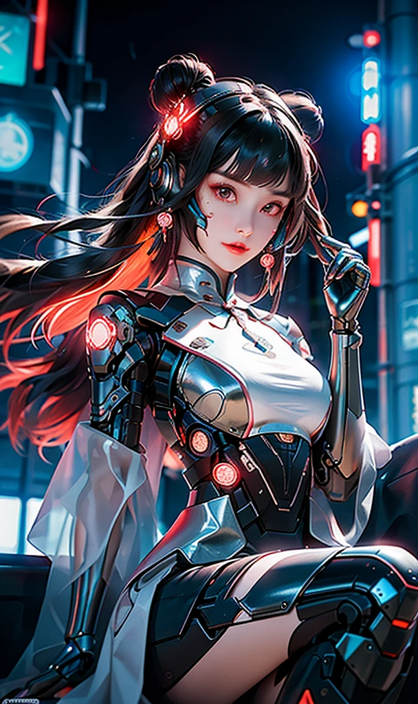 1 girl, Chinese_clothes, metallic black titanium and pink, cyberhan, cheongsam, cyberpunk city, dynamic pose, detailed luminescent headphones, luminous hair accessories, long hair, luminous earrings, glowing necklace, cyberpunk, high-tech city, full of mechanical and futuristic elements, futuristic, technology, glowing neon, pink, pink light, sexy skirt, translucent black cape, laser light, digital background urban sky, big moon, with vehicle, best quality, masterpiece, 8K, Character edge light, super high detail, high quality, the most beautiful woman in human beings, smile, face facing front and left and right symmetry, ear decoration, long antenna glow, beautiful pupils, light effects, visual data, silver-red-orange hair dyed hair, ultra-detailed face texture, happy, weapon system, crowded street passers-by, mecha style, overhead luminous antenna, back jet, girl sitting, ผู้หญิงผมบลอนด์มีปีกนางฟ้าและมงกุฎทองคำ, wearing นางฟ้ารัศมี, เทวทูต halo, นางฟ้ารัศมี, เทวทูต, นางฟ้าคู่บารมีเต็มตัว, เทวทูต golden armor, รัศมีสีทองอยู่ด้านหลังศีรษะของเธอ, wearing นางฟ้ารัศมี covered face, เทพีแห่งแสงสว่าง, เทวทูต light, ปีกสีทองบนหัว, เซราฟิม, เทวทูตal, ของนางฟ้าแสนสวย, นางฟ้าหญิงที่สวยงาม, Create an image featuring a main female character in detailed attire including clothing that suggests protection like armor or thick fabrics, 1 girl, Chinese_clothes, metallic black titanium and pink, cyberhan, cheongsam, cyberpunk city, dynamic pose, detailed luminescent headphones, luminous hair accessories, long hair, luminous earrings, glowing necklace, cyberpunk, high-tech city, full of mechanical and futuristic elements, futuristic, technology, glowing neon, pink, pink light, sexy skirt, translucent black cape, laser light, digital background urban sky, big moon, with vehicle, best quality, masterpiece, 8K, Character edge light, super high detail, high quality, the most beautiful woman in human beings, smile, face facing front and left and right symmetry, ear decoration, long antenna