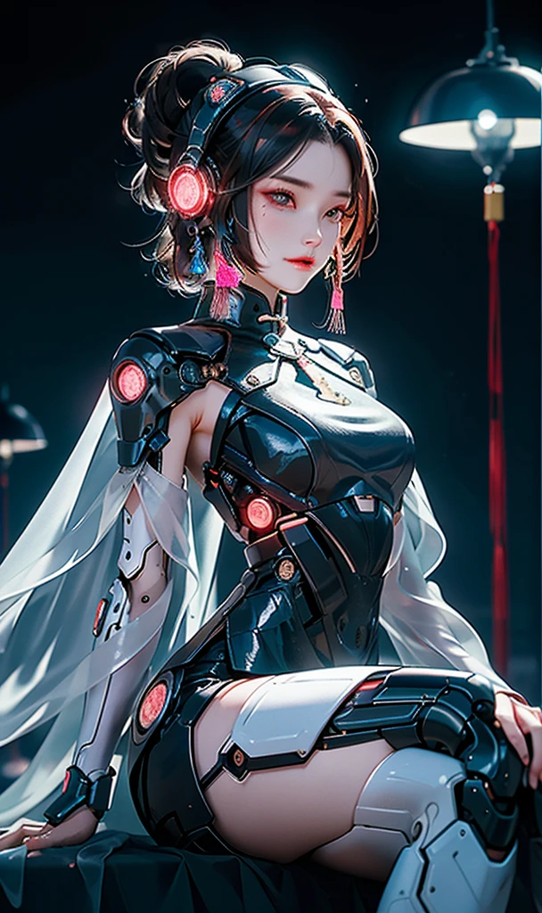 1 girl, Chinese_clothes, metallic black titanium and pink, cyberhan, cheongsam, cyberpunk city, dynamic pose, detailed luminescent headphones, luminous hair accessories, long hair, luminous earrings, glowing necklace, cyberpunk, high-tech city, full of mechanical and futuristic elements, futuristic, technology, glowing neon, pink, pink light, sexy skirt, translucent black cape, laser light, digital background urban sky, big moon, with vehicle, best quality, masterpiece, 8K, Character edge light, super high detail, high quality, the most beautiful woman in human beings, smile, face facing front and left and right symmetry, ear decoration, long antenna glow, beautiful pupils, light effects, visual data, silver-red-orange hair dyed hair, ultra-detailed face texture, happy, weapon system, crowded street passers-by, mecha style, overhead luminous antenna, back jet, girl sitting, ผู้หญิงผมบลอนด์มีปีกนางฟ้าและมงกุฎทองคำ, wearing นางฟ้ารัศมี, เทวทูต halo, นางฟ้ารัศมี, เทวทูต, นางฟ้าคู่บารมีเต็มตัว, เทวทูต golden armor, รัศมีสีทองอยู่ด้านหลังศีรษะของเธอ, wearing นางฟ้ารัศมี covered face, เทพีแห่งแสงสว่าง, เทวทูต light, ปีกสีทองบนหัว, เซราฟิม, เทวทูตal, ของนางฟ้าแสนสวย, นางฟ้าหญิงที่สวยงาม, Create an image featuring a main female character in detailed attire including clothing that suggests protection like armor or thick fabrics, 1 girl, Chinese_clothes, metallic black titanium and pink, cyberhan, cheongsam, cyberpunk city, dynamic pose, detailed luminescent headphones, luminous hair accessories, long hair, luminous earrings, glowing necklace, cyberpunk, high-tech city, full of mechanical and futuristic elements, futuristic, technology, glowing neon, pink, pink light, sexy skirt, translucent black cape, laser light, digital background urban sky, big moon, with vehicle, best quality, masterpiece, 8K, Character edge light, super high detail, high quality, the most beautiful woman in human beings, smile, face facing front and left and right symmetry, ear decoration, long antenna