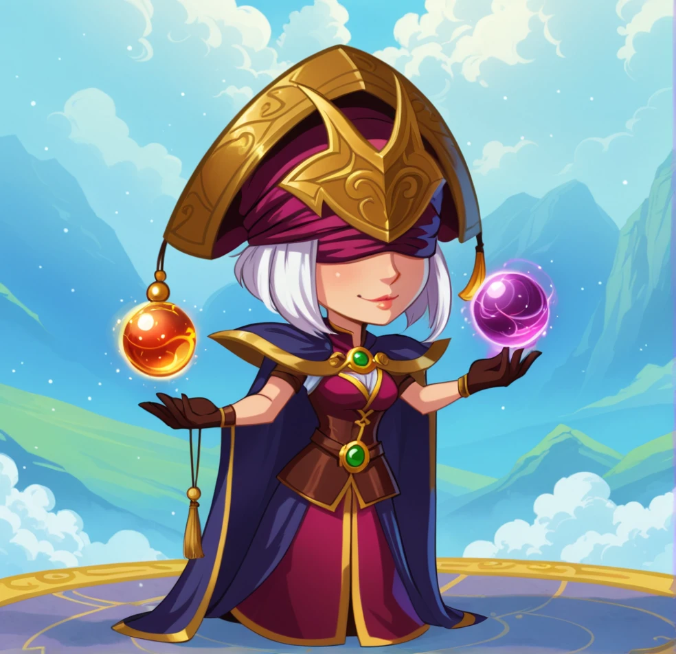 mage, fantasy, game character, cartoon, women, blindfolded, magic spheres in hands