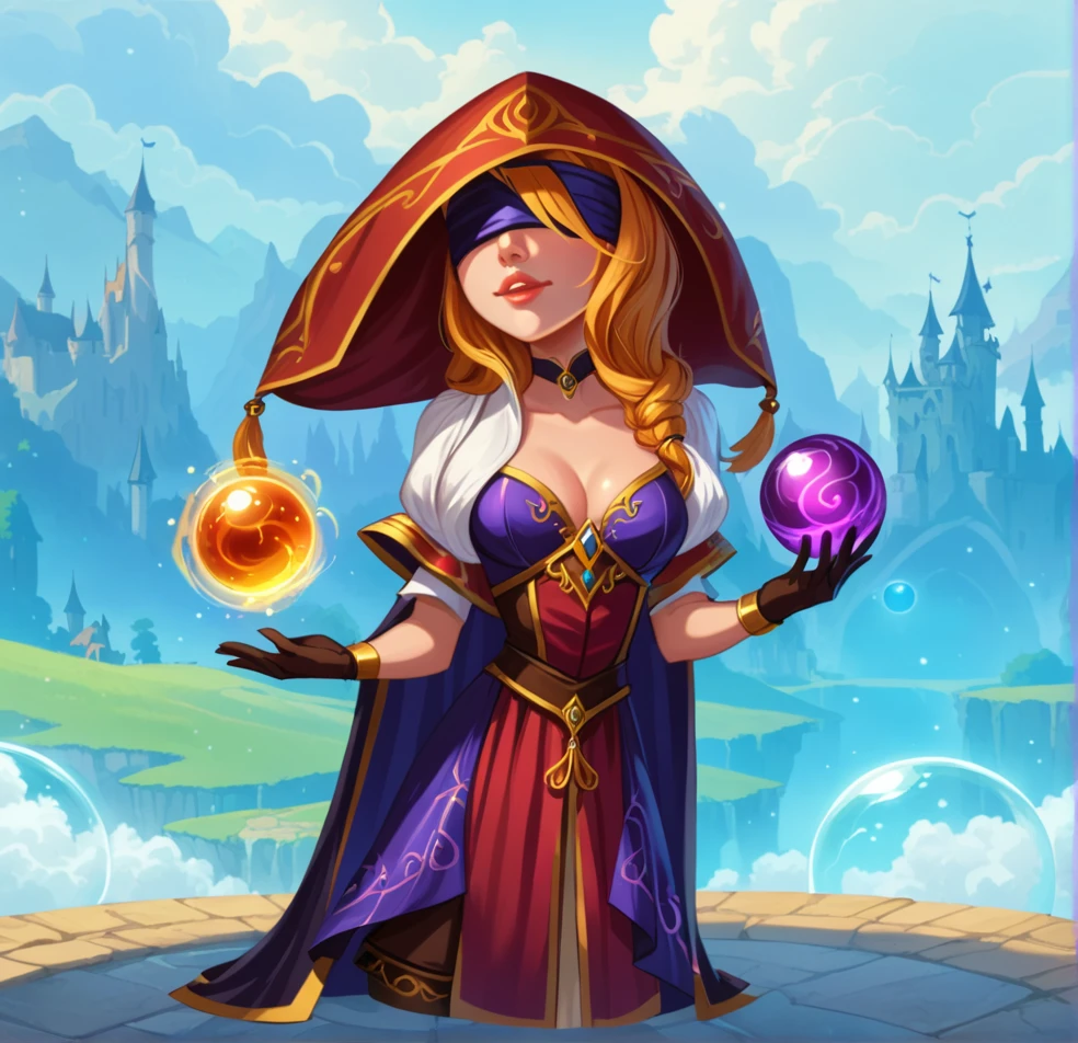 mage, fantasy, game character, cartoon, women, blindfolded, magic spheres in hands