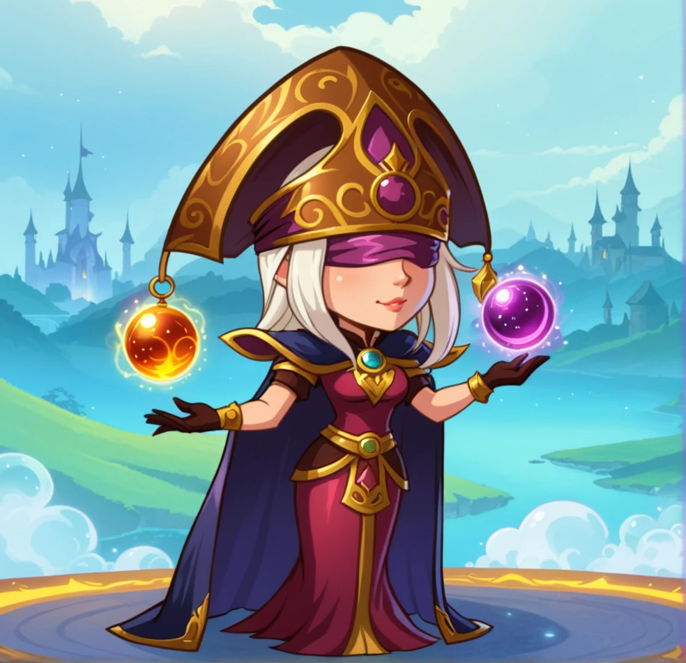 mage, fantasy, game character, cartoon, women, blindfolded, magic spheres in hands