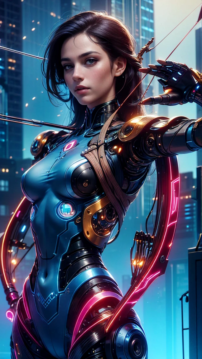 top quality, future world, State-of-the-art robot, Beautiful Woman archer holding bow by hand, flying hair, (Transformed into a cyborg except for the face), sexy images, whole body photo, (((archer, bow, shooting arrow)))