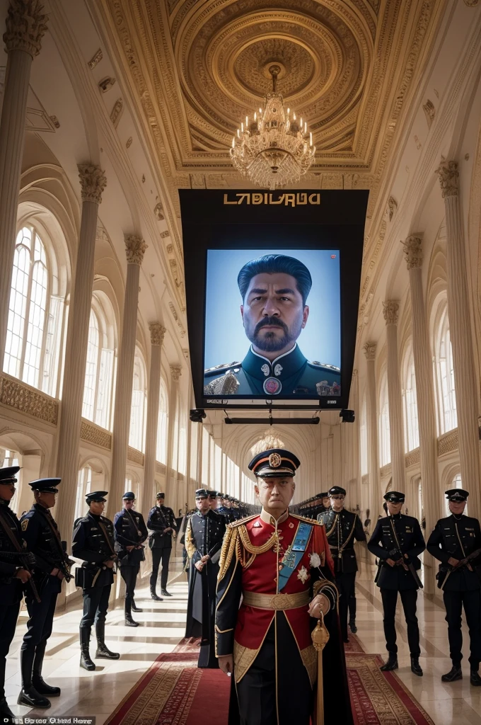 An authoritarian leader in a great palace, surrounded by armed guards and surveillance cameras."
"Citizens in a city monitored by drones, with large screens displaying the image of a supreme leader.