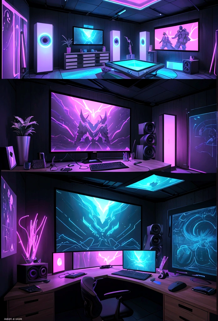 Design a dynamic content creator's studio with vibrant RGB lighting and additional ambient accents. Integrate a stylish wooden showcase displaying tech gadgets, awards, and personal items. Include a dedicated podcast setup with professional equipment and emphasize a sleek, productive workspace. Enhance the aesthetic with decorative elements like wall art, plants, and accessories for a visually captivating and multifunctional space. wide angle view, big room, large room,gaming room, neon lights, semi dark room , special effects, only screen and monitors, anime correctors photos in wall, realistic, ultra realistic, 4k image quality , best colour
