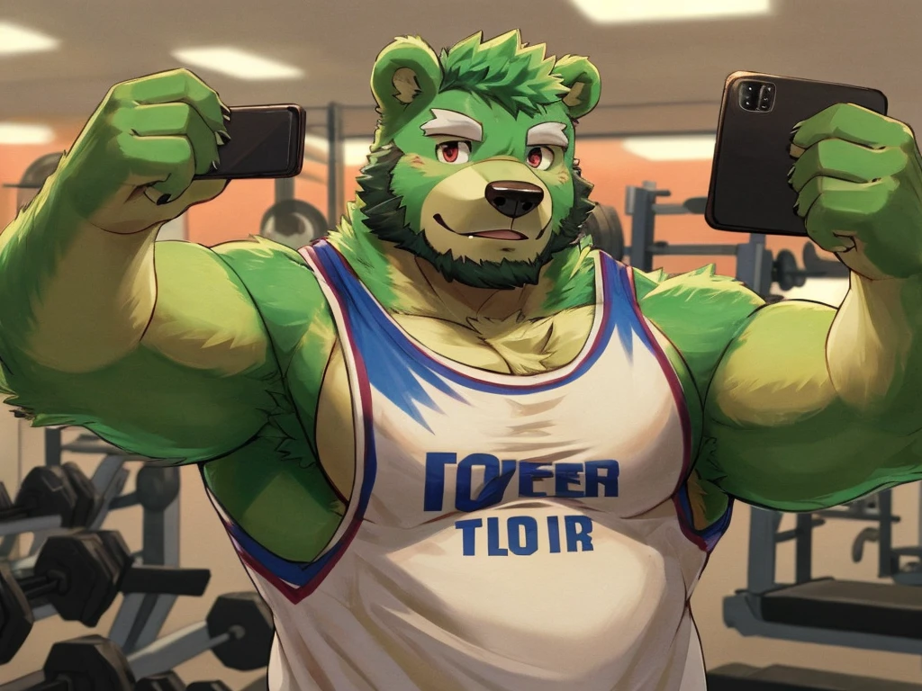 bara, furry, furry_male,male focus, solo, muscular male, (((green bear))), (((green fur))), green hair, red eyes, beard, white eyebrows, white shirt, gym, selfie, work out, before the mirror,
