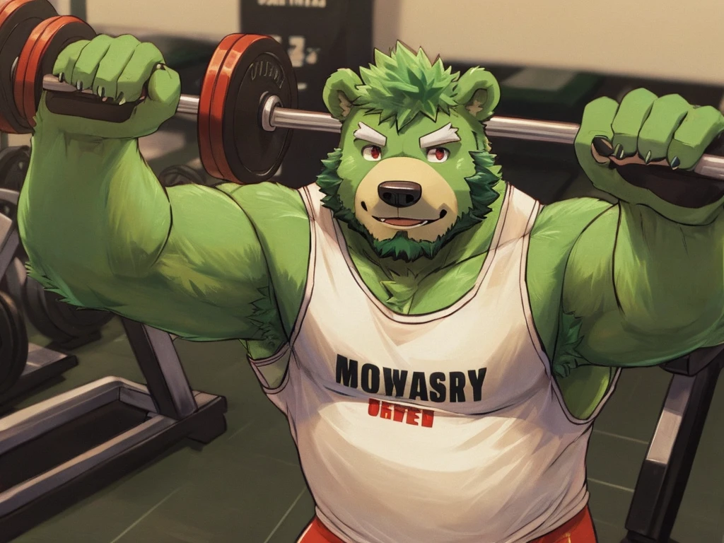 bara, furry, furry_male,male focus, solo, muscular male, (((green bear))), (((green fur))), green hair, red eyes, beard, white eyebrows, white shirt, gym, selfie, work out, before the mirror,