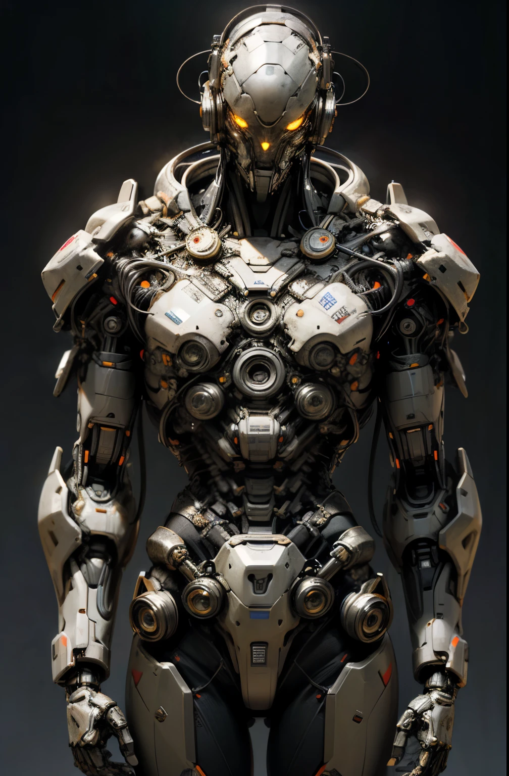 a cyberpunk cyborg man, intricate mechanical details, robotic male figure, cybernetic guardian, kind and comforting expression, repaired and rebuilt from scrap and salvaged parts, relaxed pose, towering futuristic city in the background, photorealistic, 8k, highly detailed, cinematic lighting, neon color palette, dramatic shadows, intricate gears and wires, glowing cybernetic implants, (best quality,4k,8k,highres,masterpiece:1.2),ultra-detailed,(realistic,photorealistic,photo-realistic:1.37)