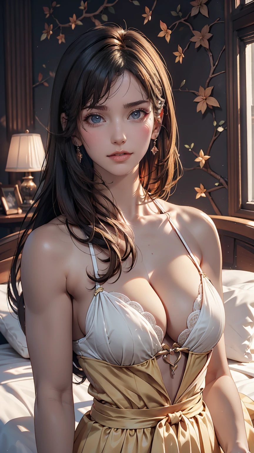 Vada Shanren squeezes Venezuelan female supermodel, Long Hair, Pastel yellow gown, tight, Small upper body portrait, large natural breasts, Hyperrealism, Highly detailed feminine bedroom background,sunlight , 、Sexy proportions、Narrow waist、Long eyelashes、eye shadow、Sexy、Slim but toned body