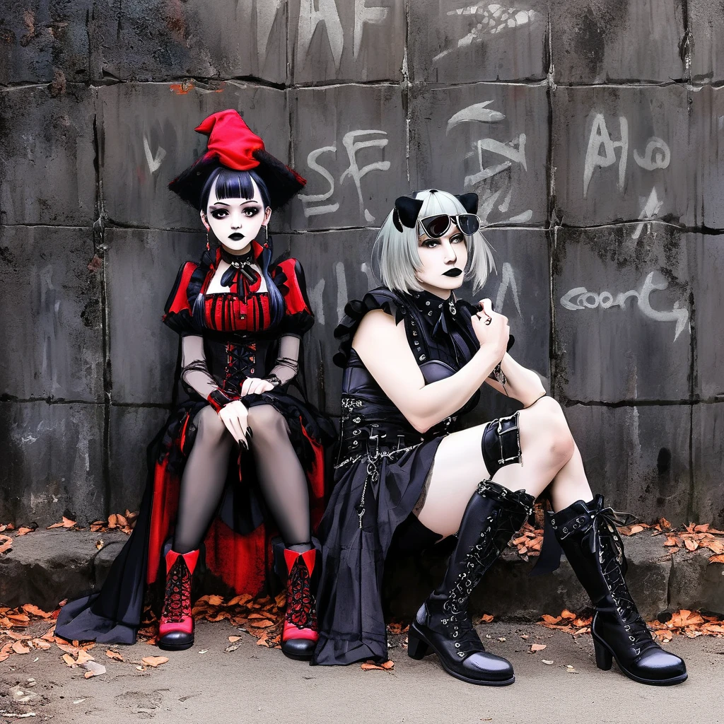 Fred Flintstone sitting next to a Wilma Flintstone in Gothic style with black lipstick and a corset, both wearing red gothic boots, against a dark, eerie wall with gothic graffiti
