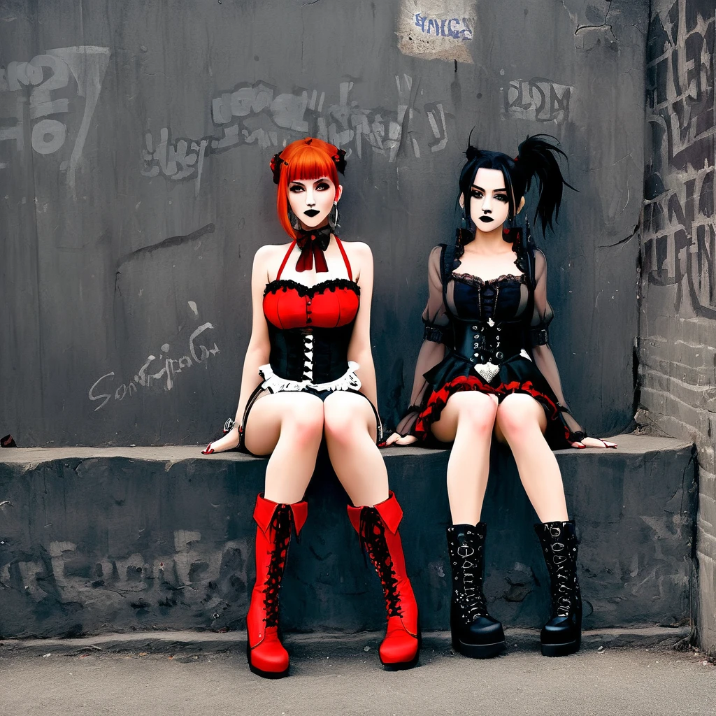 Fred Flintstone sitting next to a Wilma Flintstone in Gothic style with black lipstick and a corset, both wearing red gothic boots, against a dark, eerie wall with gothic graffiti
