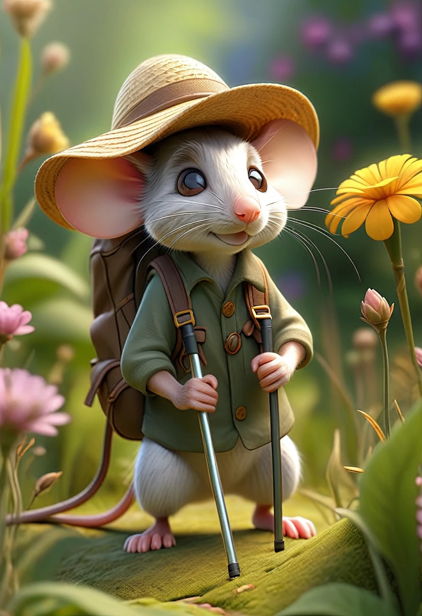 a mice hiking in a garden,panoramic view,highly detailed,hyperrealistic,8k,cinematic lighting,vibrant colors,natural setting,lush greenery,winding path,blooming flowers,warm sunlight,straw hat,backpack,trekking poles,detailed textures,photorealistic,intricate details,masterpiece