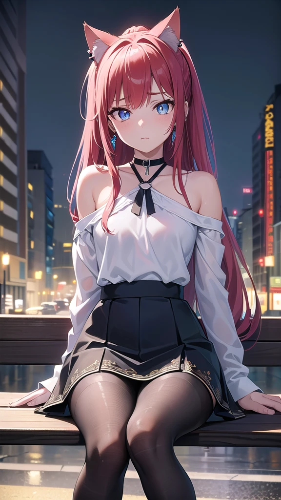 Masterpiece, top quality, best quality, official art, beautiful and aesthetic, anime, 1girl,extremely detailed, colorful, more detailed ((ultra-detailed)), (highly detailed CG illustration),Best Quality, High resolution, Unity 8k Wallpaper, (Illustration:0.8), (Beautiful detailed eyes:1.6), extra detailed face, Perfect Lighting, extremely details CG, (Perfect hands, Perfect Anatomy),city,street,night,wet road,reflections,lights,red long hair, cat ears,ponytail,blue eyes, barrette,black choker,earrings,skinny fit,medium breast,shoulders, small ass,white shirt,wet shirt,high-waist skirt, pantyhose,sitting at bench, in middle, looking in camera, from below,cross legs.