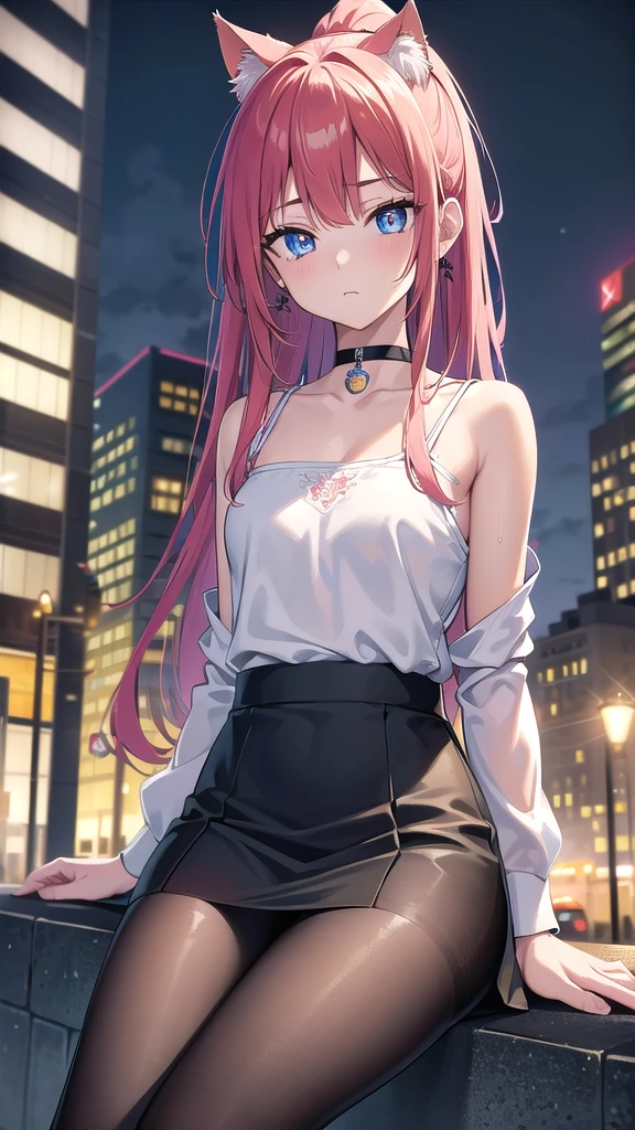 Masterpiece, top quality, best quality, official art, beautiful and aesthetic, anime, 1girl,extremely detailed, colorful, more detailed ((ultra-detailed)), (highly detailed CG illustration),Best Quality, High resolution, Unity 8k Wallpaper, (Illustration:0.8), (Beautiful detailed eyes:1.6), extra detailed face, Perfect Lighting, extremely details CG, (Perfect hands, Perfect Anatomy),city,street,night,wet road,reflections,lights,red long hair, cat ears,ponytail,blue eyes, barrette,black choker,earrings,skinny fit,medium breast,shoulders,white shirt,wet shirt,nipples,high-waist skirt, pantyhose,upskirt,panties, looking in camera,