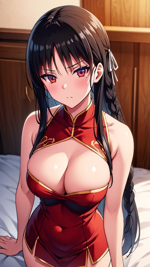 (masterpiece:1.3), (best quality:1.2)(8k, ultra detailed, ultra high res:1.3), ((anime style)), perfect 5 fingers, perfect anatomy, 1girl,
BREAK long hair, braid, black hair,
red eyes, (focus detailed eyes:1.2),
BREAK medium breasts, chinese bun black short hair,bun cover,china dress, long dress,tight mini skirt, gold decoration dress, sleeveless, ultra detailed dress,cleavage, cleavage cutout, clothing cutout,
BREAK blush, looking at viewer, cowboy shot, indoor, on the bed,