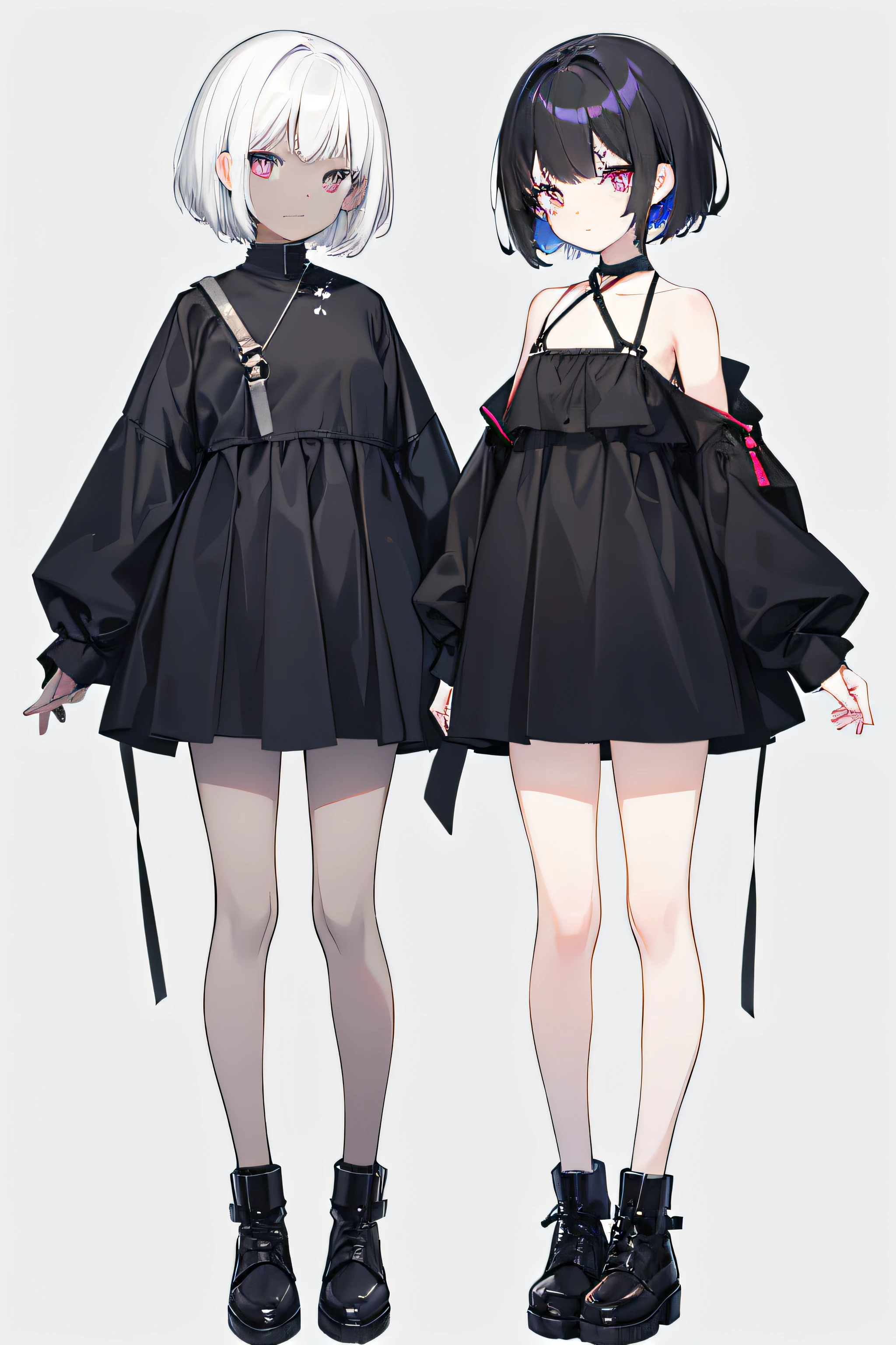 Female, 2 Girl, twin girl, Short hair, Hair color one girl has white hair, the other girl has black hair, body height: Short, skin color one girl is white pale the other girl is dark skin, (eyecolor: walnut), Short breats, background color: grey, (SFV).