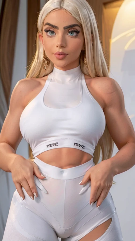 JADE PICON sexy, She is wearing a sexy white top and white leggings, she has giant breasts.
