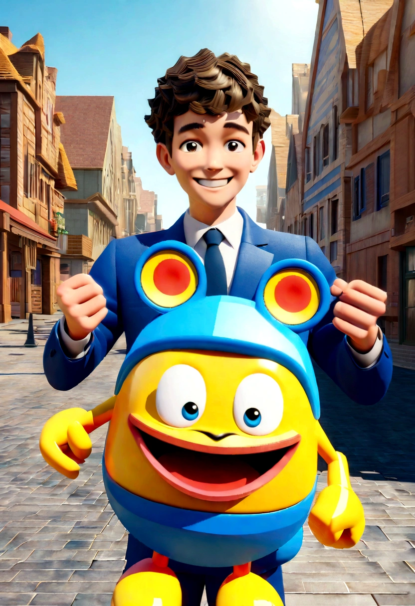 Illustration of smiling 20 year old man, Light-skinned young man with a smile and in a blue suit, smiling happily at the camera, cheeky smile, smiling young man, drawing in 3D Art style, C4D, city background, Disney style, pixar style render illustration Super Detail, 8K