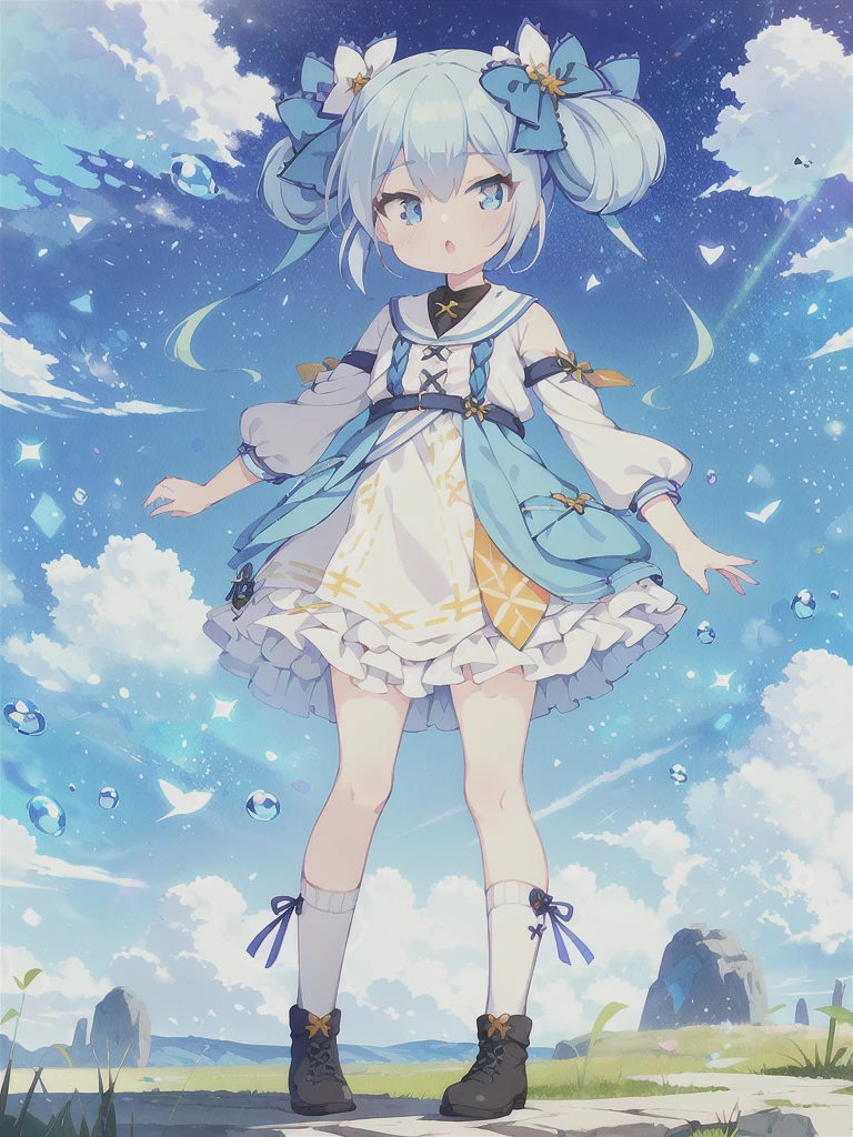 Masterpiece,high quality,high resolution,Detailed Background,(((1girl,独奏))),Blue Hair, Twin tails, Hair between the eyes, ((紫のhair bow)), eyebrows visible through hair,Floating Island,grassland,Are standing,