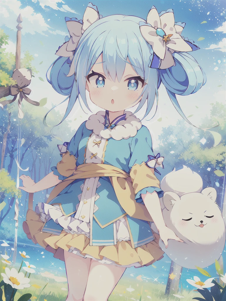 Masterpiece,high quality,high resolution,Detailed Background,(((1girl,独奏))),Blue Hair, Twin tails, Hair between the eyes, ((紫のhair bow)), eyebrows visible through hair,Floating Island,grassland,Are standing,