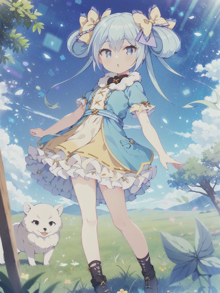 Masterpiece,high quality,high resolution,Detailed Background,(((1girl,独奏))),Blue Hair, Twin tails, Hair between the eyes, ((紫のhair bow)), eyebrows visible through hair,Floating Island,grassland,Are standing,