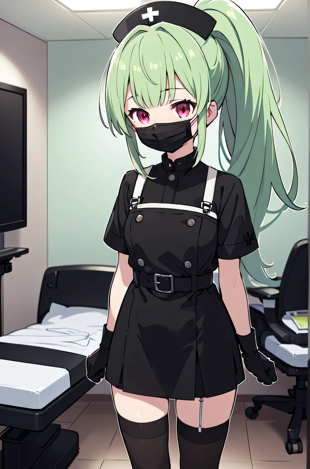 black nurse, 1girl, solo, black nurse cap, black nurse uniform, ((black legwear, zettai ryouiki)), black elbow gloves, ponytail, green hair, pink eyes, ((black surgical mask, covered nose)), standing, ((surgery room)), sharp outline, short sleeves, best quality, masterpiece