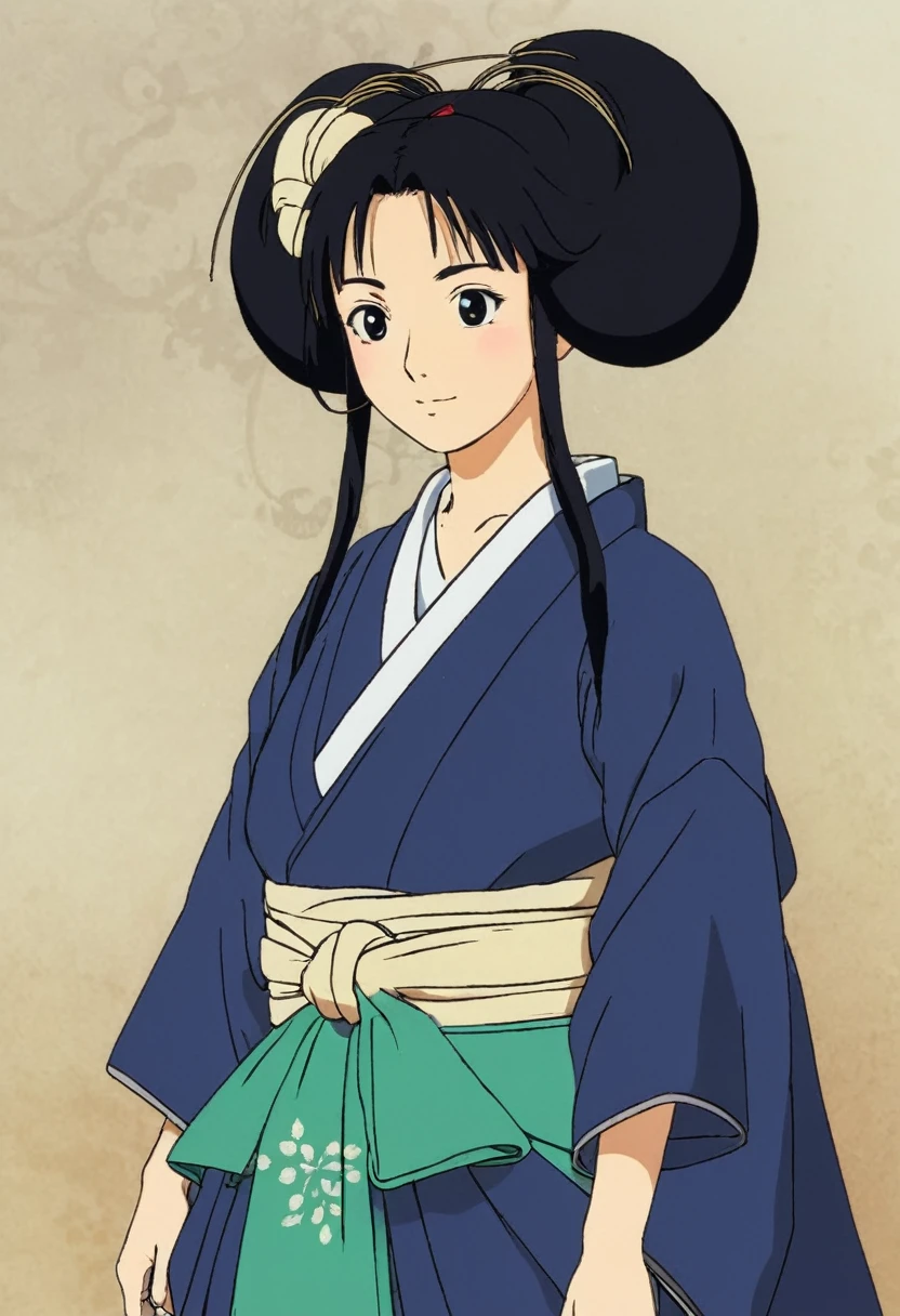 A Ghibli's studio character (2D). She have long black hair are tied but look messy. She wears traditional dark oiran clothes . she seems cold