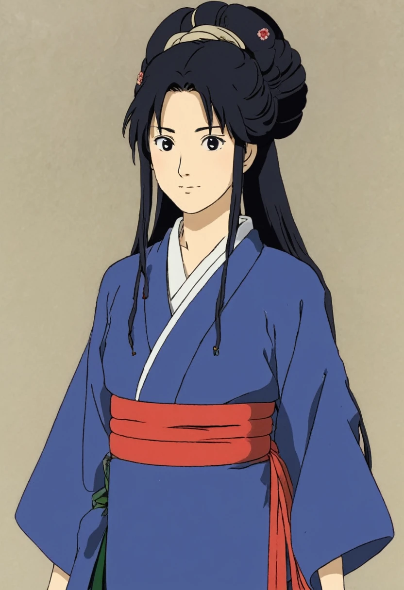 A Ghibli's studio character (2D). She have long black hair are tied but look messy. She wears traditional dark oiran clothes . she seems cold