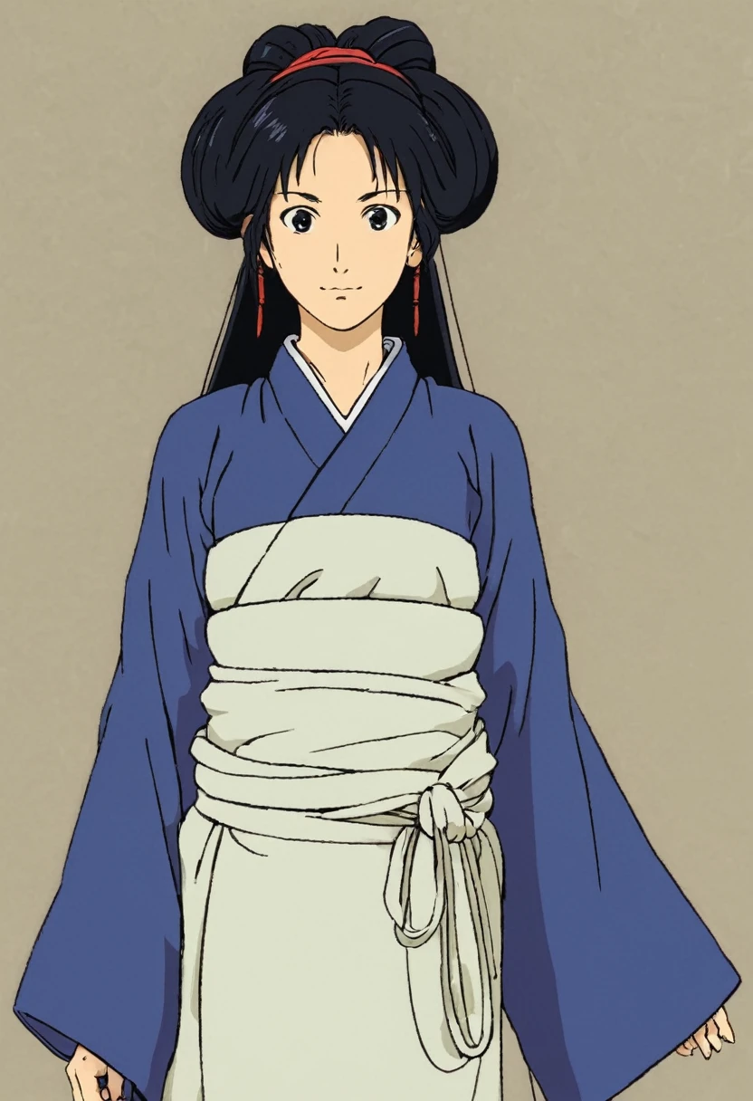 A Ghibli's studio character (2D). She have long black hair are tied but look messy. She wears traditional dark oiran clothes . she seems cold