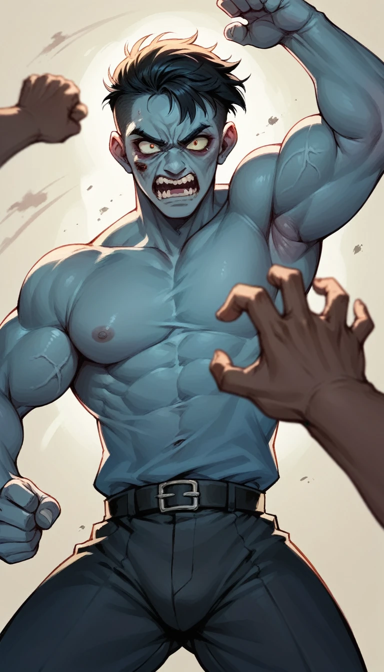chinese zombie, standing with arms raised, pov, attack against zombie, kicking zombie's face, punching zombie's face