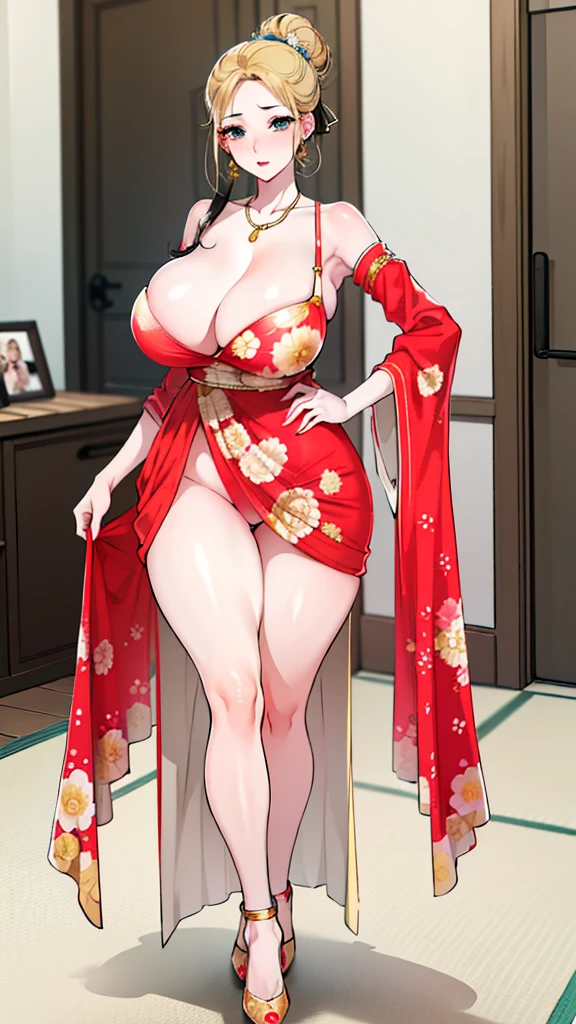 a mother who is extremely hot voluptuous sexy busty and is insanely and extremely sexy cute pretty beautiful pretty curvy with her extremely shiny bright glass SNOW white FAIR LUSH SILKY smooth soft lush plump glass glowing white skin and complexion and perfect round cleavage and her INSANE tight perfect hot hourglass figure, her wide soft hips, and her skinny lush soft plump arms and her big soft plump perfect round thick BIG ass with her extremely white bright SNOW FAIR LUSH plump round cleavage and her glowing fair shoulders along with her shiny long silky GOLD blonde LUSH hair with her extremely insanely god tier cute irresistible kind gentle look on her charming gorgeous stunning pretty face with her big shiny bright stunning blue eyes and her shiny black eyelashes and her two bright pink blushes and her bright RED puffy lips on her face and her pink shiny nails and her sexy thick luscious lush thighs and legs, she's the peak and epitome of a woman's elegance and feminine and her insane, impossible, and unimaginable levels of beauty the woman has, she has a smooth lush snow fair clean tender soft smooth neck and gold bangles on her wrist and gold anklets with small bells on her two feet and gold earrings on her lush fair white fair ears and a gold belt on waist, flowers on hair, eyes wide open, show full body, she's wearing a EXTREMELY revealing sexy long loose bright PINK floral DRESS with white flower patterns with strings AND HILTS with one of her sexy thick legs revealed, PERFECT LUSH SEXY BODY OF THE MOTHER, the woman wears her shiny yellow high heels along with a red ribbon and a piece of small jewellery ornament hanging on her hair bun with a golden jewellery necklace on, show full body, Standing.