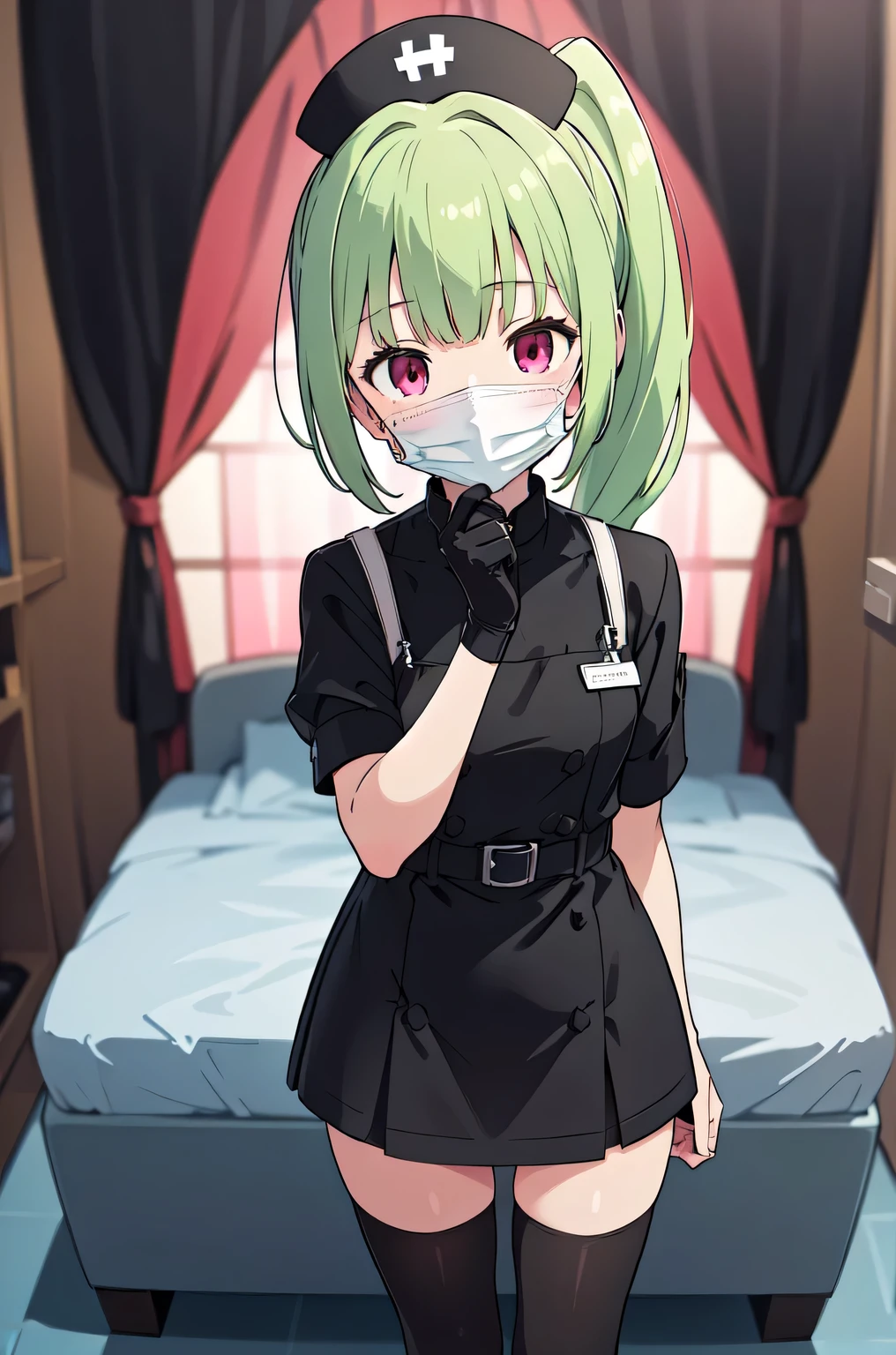 black nurse, 1girl, solo, black nurse cap, black nurse uniform, ((black legwear, zettai ryouiki)), black elbow gloves, ponytail, green hair, pink eyes, ((black surgical mask, covered nose)), standing, ((surgery room)), sharp outline, short sleeves, best quality, masterpiece