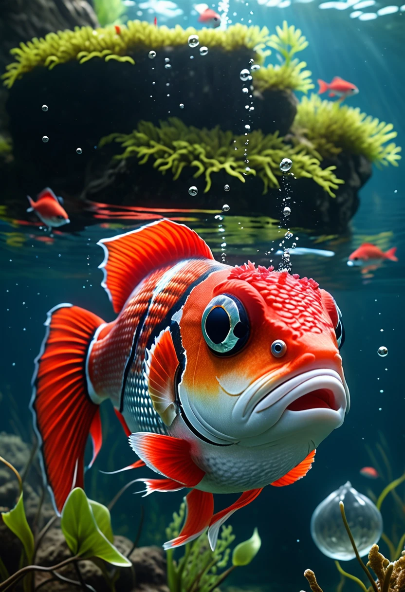 Panorama，There is a red fish in the water，Has a human-like face，Mysterious Creatures, shrike, (best quality，4K，8K，High level，masterpiece：1.2），Ultra Detailed，（lifelike，Photo real，Photo real：1.37），Highly detailed animals，Complex patterns，Realistic lighting，Fantasy Creatures