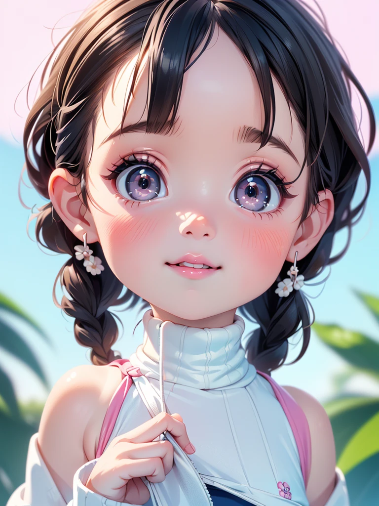 Highest quality、High resolution、Detailed Background、(beautiful face in every detail:1.4)、Anatomically correct、(Detailed facial expressions)、(fine grain:1.2)、age Beauty、One Girl、Cute black hair、beautiful, clear, Deep blue eyes、Braided Ponytail、Braided bob cut、primary school, Junior competitive swimmer, ((Turtleneck one piece swimsuit:1.4)), (Simple design without patterns), (clearメタリックグリーンの水着:1.2), (Natural Makeup:1.5), (pink lips:1.5), (full lips:1.5), (parted_lips), (toothless smile), Outdoor swimming pool、My hair is flying in the strong wind、Observe the audience、My hands are holding nothing、Smiling Quietly、((Chest close-up))