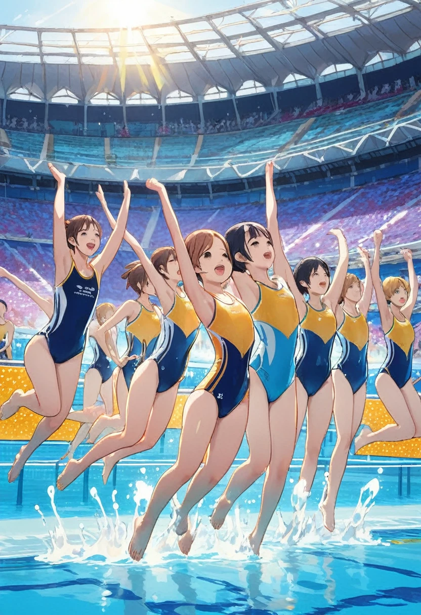 Highest quality、High resolution、Detailed Background、Beautiful face in every detail、Teenage beauty、Cute hair colors、Perfect body line、swimming、Olympic Stadium、The pool shines blue、The audience is filled with excitement、The sun is shining high、Elite athletes、Tone muscles、The swimmers line up at the edge of the pool waiting for the starting signal.、The players jump in together、Water splashes and swimmers swing their arms and kick their legs vigorously.、The water battle has begun、Healthy Beauty