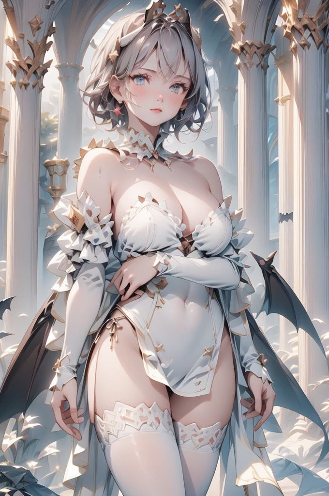 Jamie, (Jamie),((Jamie)), only, Ray Tracing, (((Each photo)))((short hair)),White clothing with textured edges, White skin, detailed luxes, White Trim Knee Tights, Slim waist, thigh, low water, Exposing legs to above waist, ,((There is a crack in the middle of the top))((best quality)),(Ultra-high resolution),(Super detailed),(Detailed description),((Best CG)),(Best works of art),ultra-precision art,Great Art,(Fantasy art with precise details:1.5), Classical European costumes,twin,twins,((black wing)),((Black Wings)), ,(((giant bat wings))),There are bat wings,I love the league,(lace pantyhose on one side),(lace pantyhose on one side),((Red decoration with LED))),((Red lines embellish the curves of the body)),(((woman show))),((Starblade))