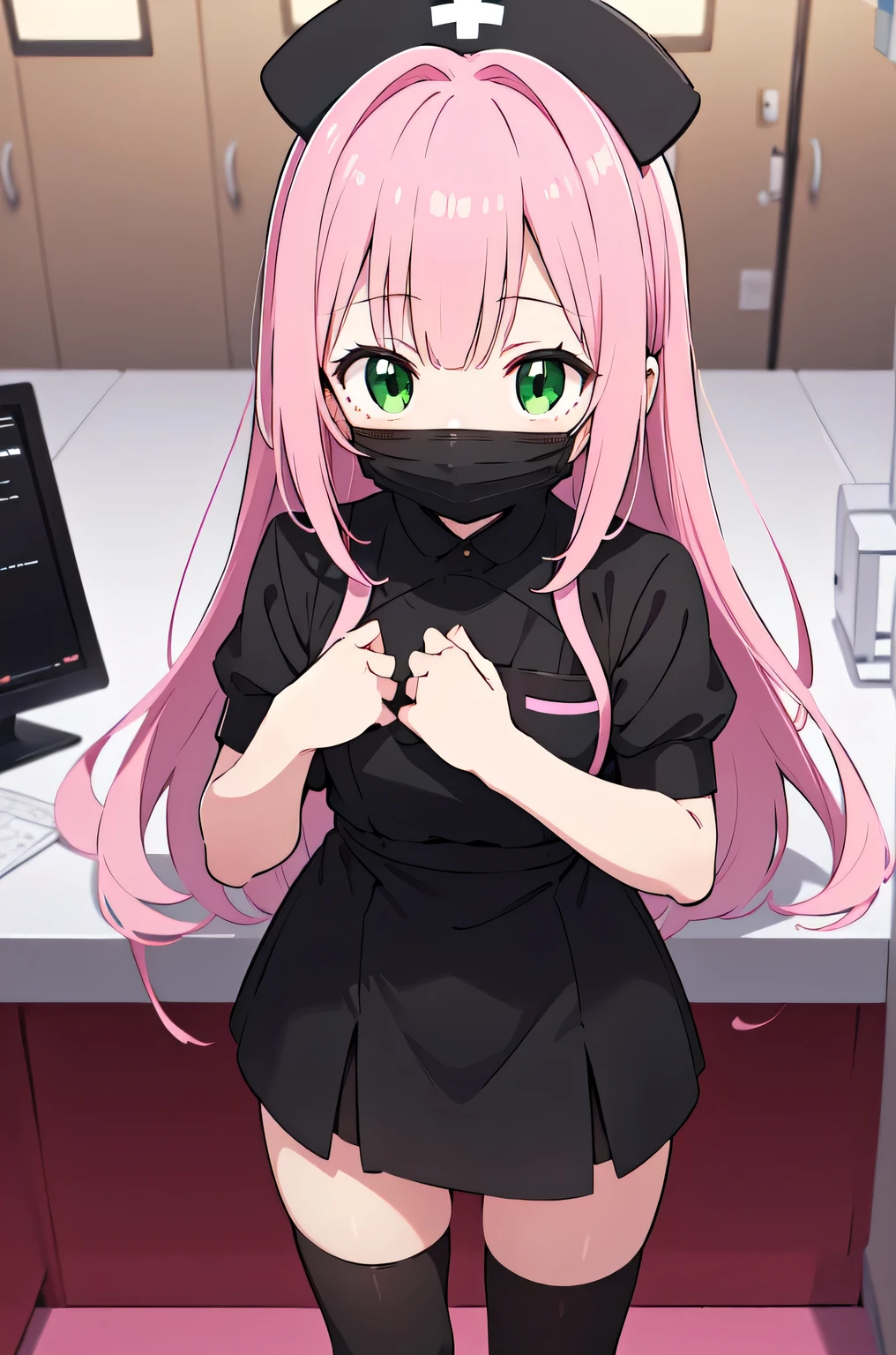 black nurse, 1girl, solo, black nurse cap, black nurse uniform, ((black legwear, zettai ryouiki)), black elbow gloves, pink hair, green eyes, drooping eyes, ((black surgical mask, covered nose)), standing, ((surgery room)), sharp outline, short sleeves, best quality, masterpiece