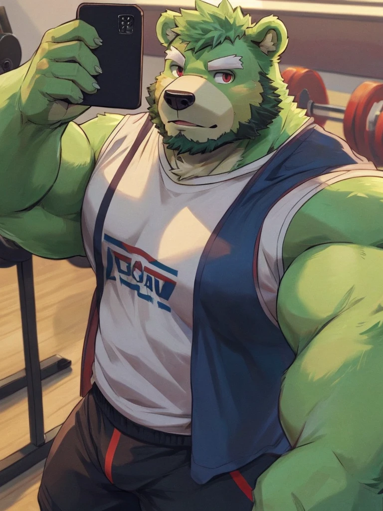 bara, furry, furry_male,male focus, solo, muscular male,  (((green bear))), (((green fur))), green hair, red eyes, beard, white eyebrows, white shirt, gym, selfie, work out, before the mirror,