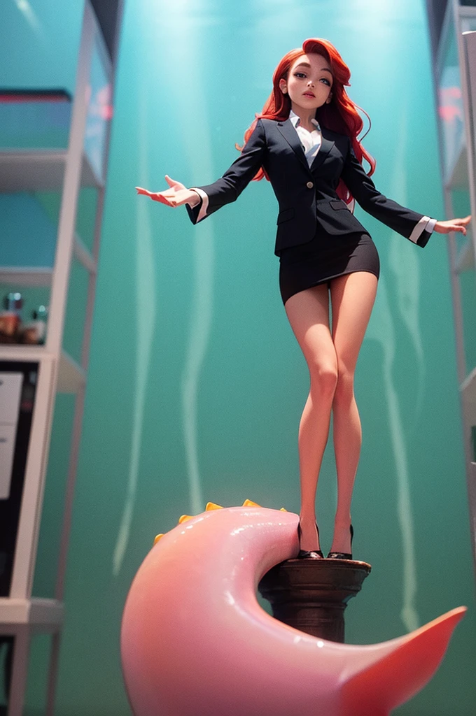 adult ariel (the little mermaid), with her long red hair styled just like in the cartoon, wearing a professional black business suit with a short skirt, standing up, showing her legs
