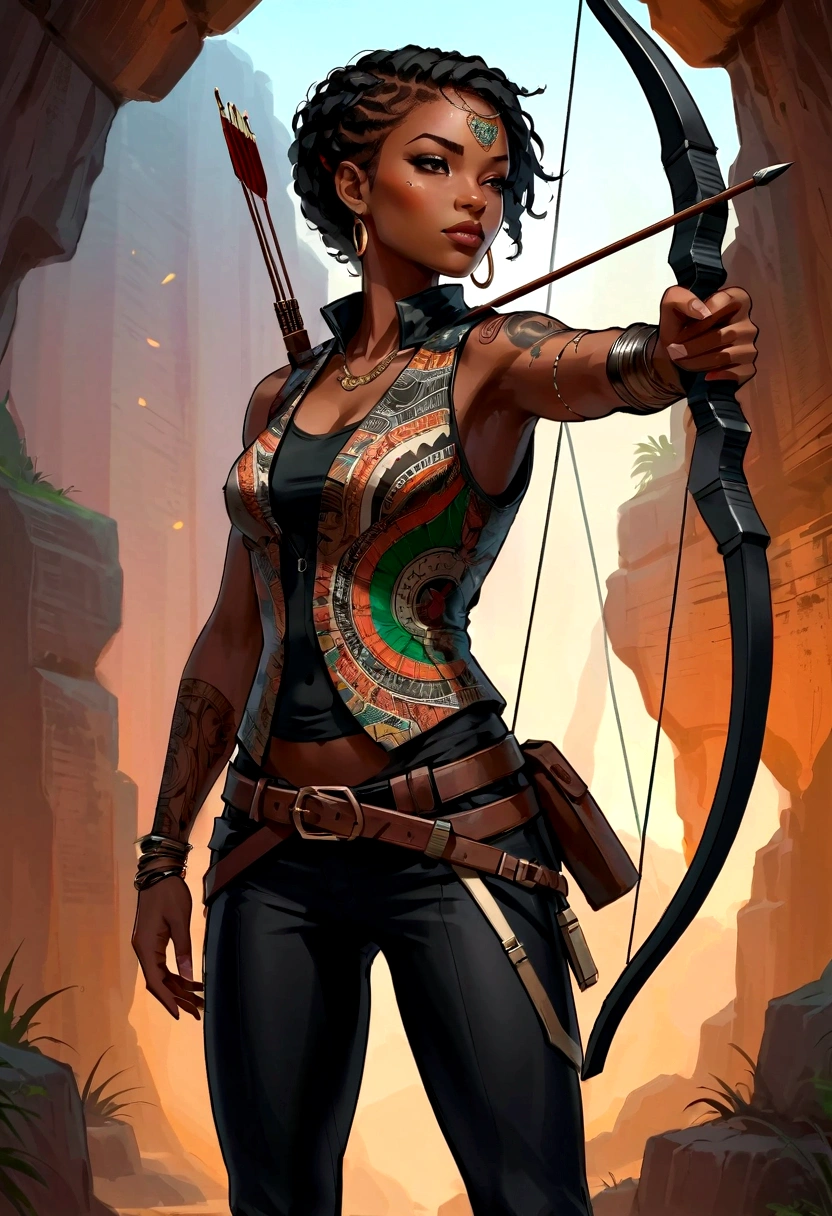 Anime style, African Archer Girl, Wearing an African vest jacket, Black pants, In a dark environment with high contrast. Multiple tattoos on arms