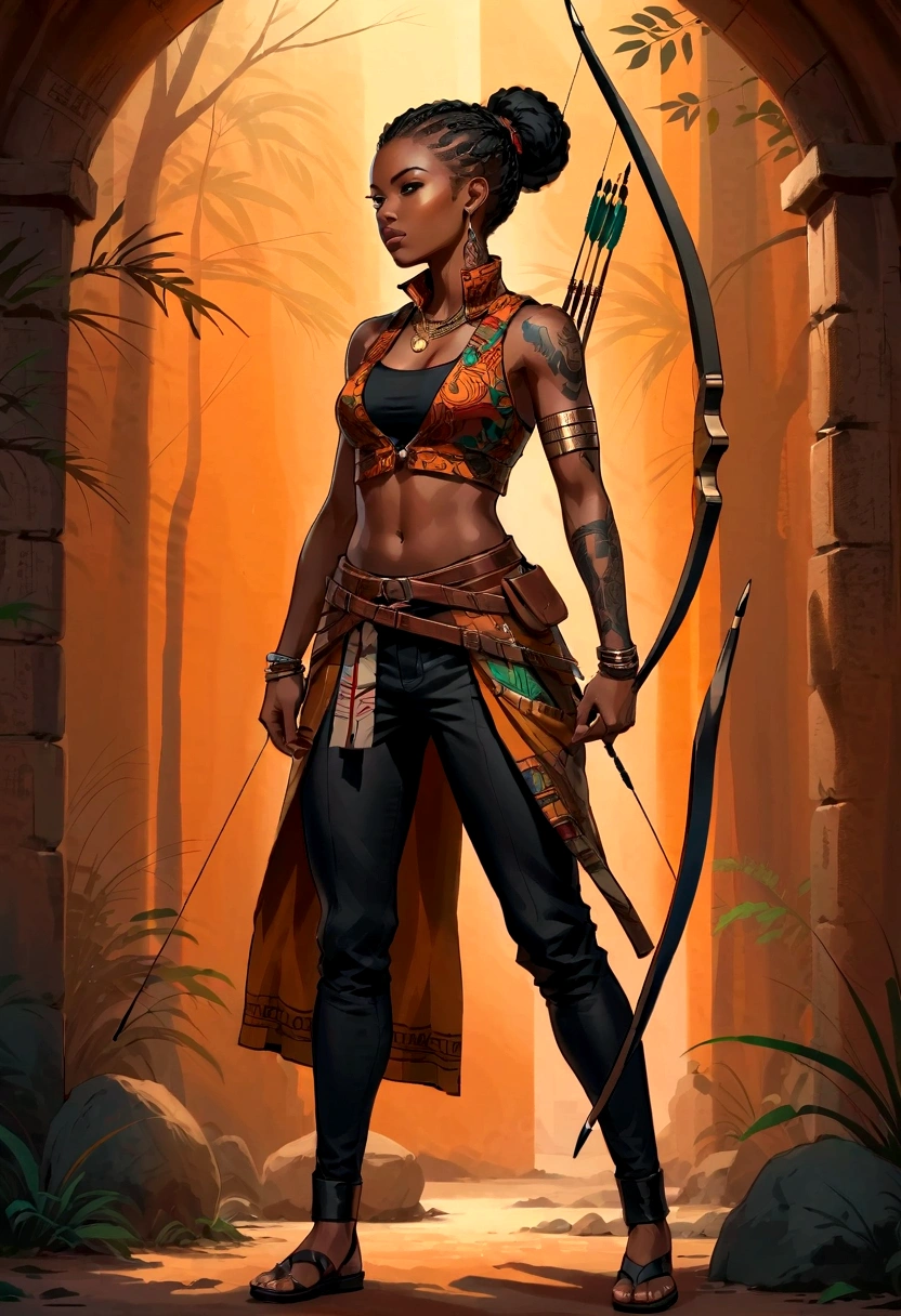 Anime style, African Archer Girl, Wearing an African vest jacket, Black pants, In a dark environment with high contrast. Multiple tattoos on arms