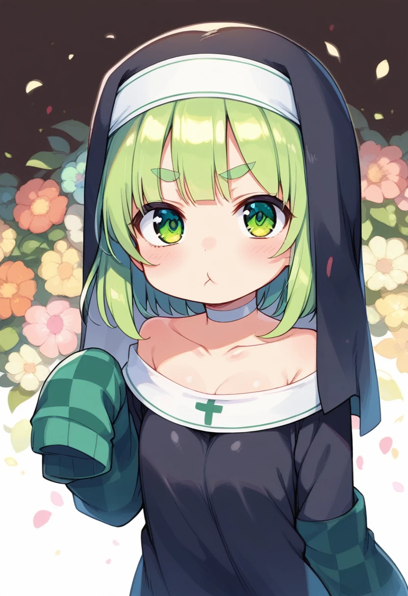 score_9, ,score_7_up, score_6_up, 1girl, source_cartoon, source_anime,breathtalking Scenery,watercolor,smooth soft skin, natural skin,mjm
BREAK
(loli:1.4),(little female child:1.4), small breast,cute face, (loli toddler:1.1), 6 yo,kawaii, (highlight on eyes), (jiggly:0.8), shiny skin,beautiful eyes, detailed eyes, puffy eyes,
BREAK
(medium green hair:1.3),(green maro eyebrows:1.6),pouty and slightly grumpy,(pout:1.2), ::(, (jitome),(frown:0.6),white streaked hair, green eyes,
BREAK
(zigzag pattern nun dress), (pastel veil:1.2),choker,nun,excessive detailed collarbone,exposed collarbone, dynamicangle,
BREAK
looking up,upturned eyes,(sleeves past hands:1.6), (sleeves past wrists:1.3),(hands are hidden in sleeves:1.3),sleeves past fingers,flowerbackground,flowergarden,,pastelcolor,